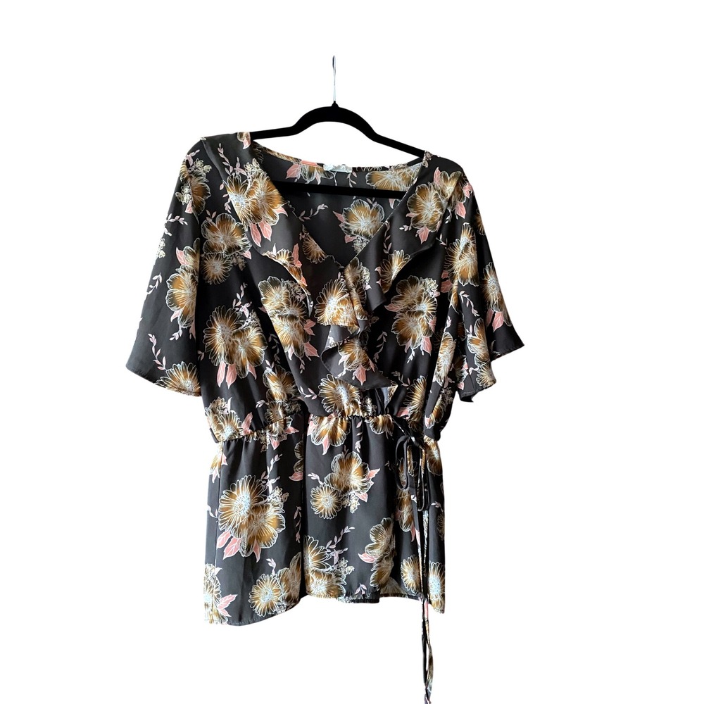 Sienna Sky Womens Floral Ruffle Blouse Top Black Brown Pink‎ Size L